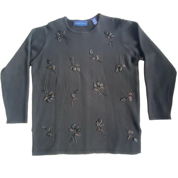 KAREN SCOTT Black Wool Blend Beaded Floral Appliqué Sweater Pullover M - Picture 2 of 12